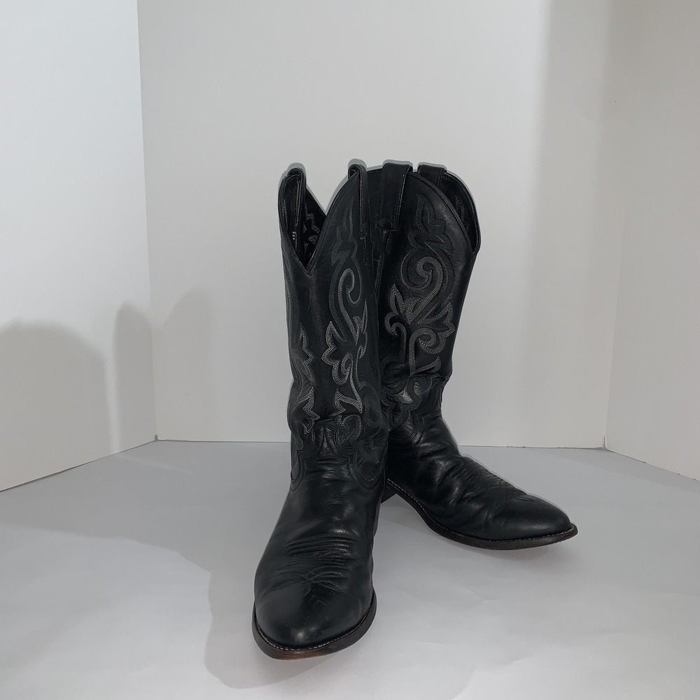 Justin Boots Mens Size 10D Black Leather Western Cowboy Pointed Toe Boots 1409